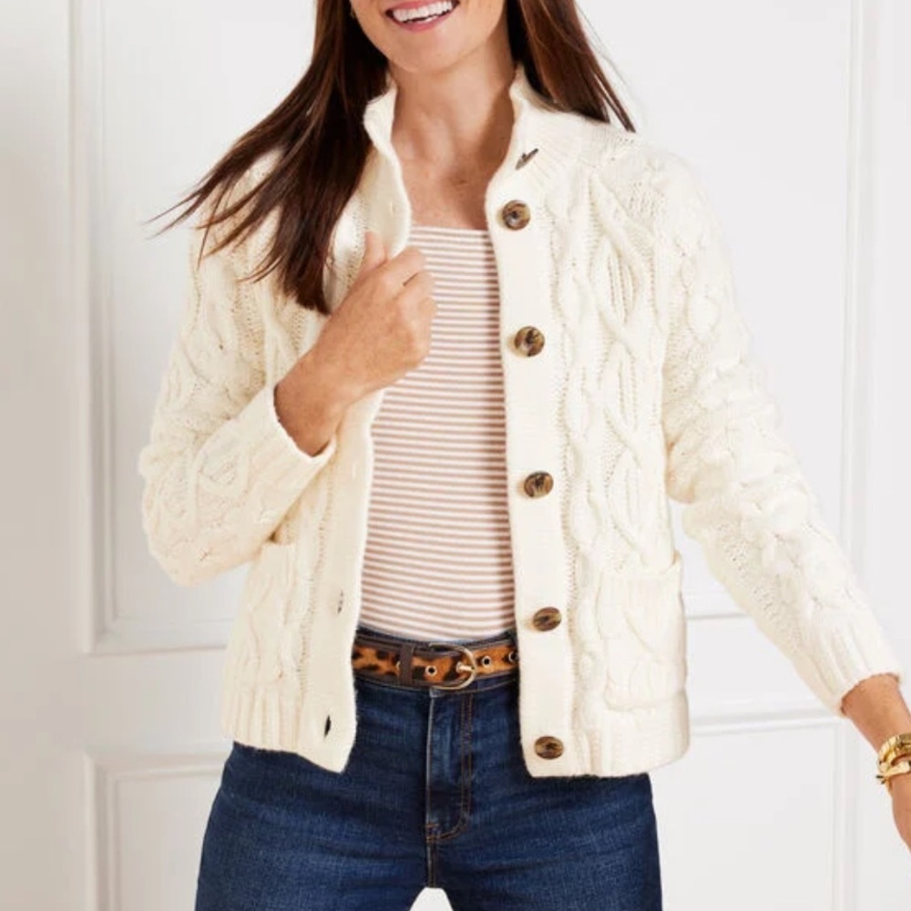 NWT Talbots CABLE KNIT MOCKNECK CARDIGAN 3x button up ivory cream